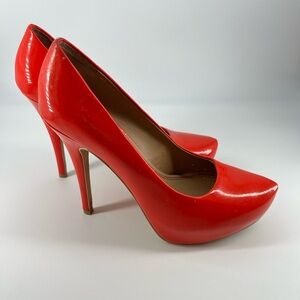 5|48 PL-Zilla Coral Red/orange Patent Leather 4” Platform Pumps Shoes Sz 7/36.5